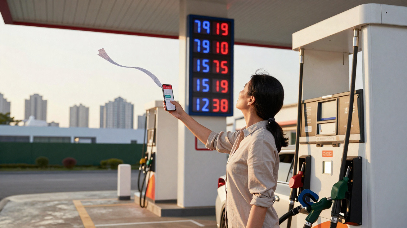 Mulher em posto de gasolina jogando comprovante digital no ar com painel de preços ao fundo.