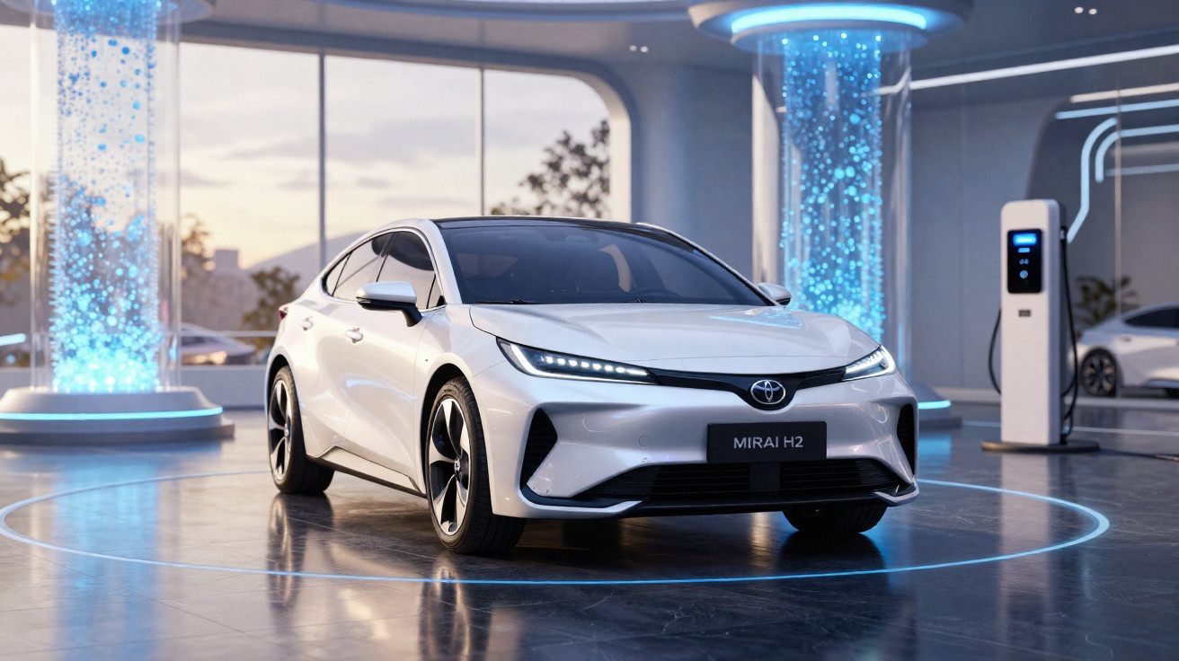 Carro elétrico branco Toyota Mirai H2 estacionado em ambiente moderno com luzes azuis e estação de recarga.