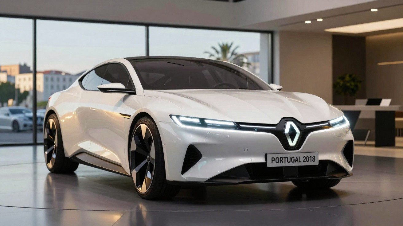 Carro esportivo branco da Renault exibido em showroom moderno com luzes dianteiras acesas.