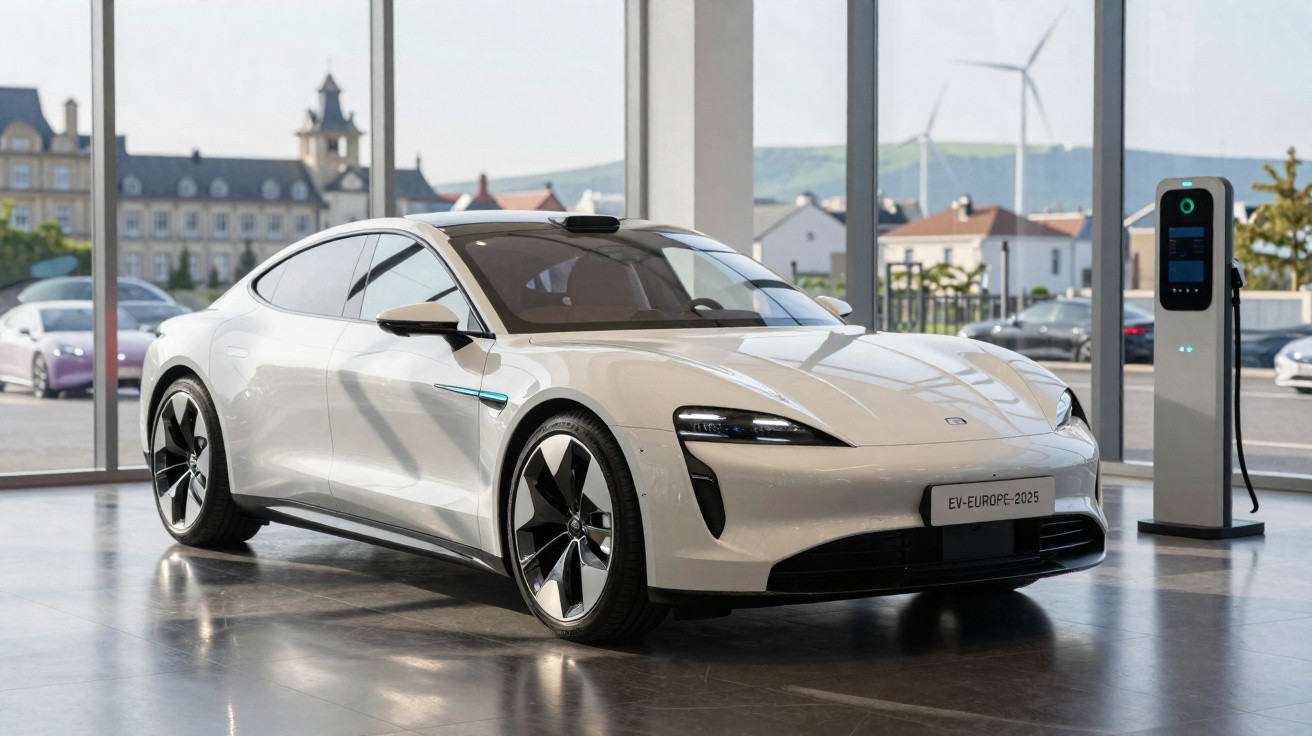 Carro elétrico branco estacionado em showroom próximo a estação de recarga com turbinas eólicas ao fundo.