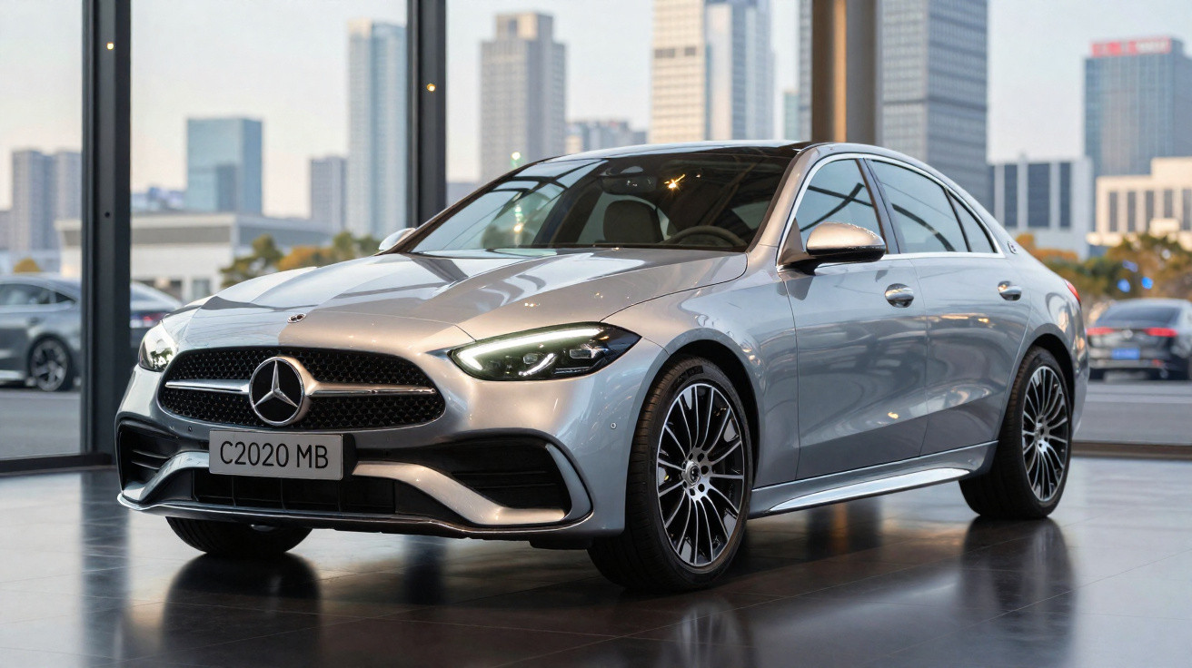 Carro Mercedes-Benz prata estacionado em salão com janelas grandes e edifícios ao fundo.