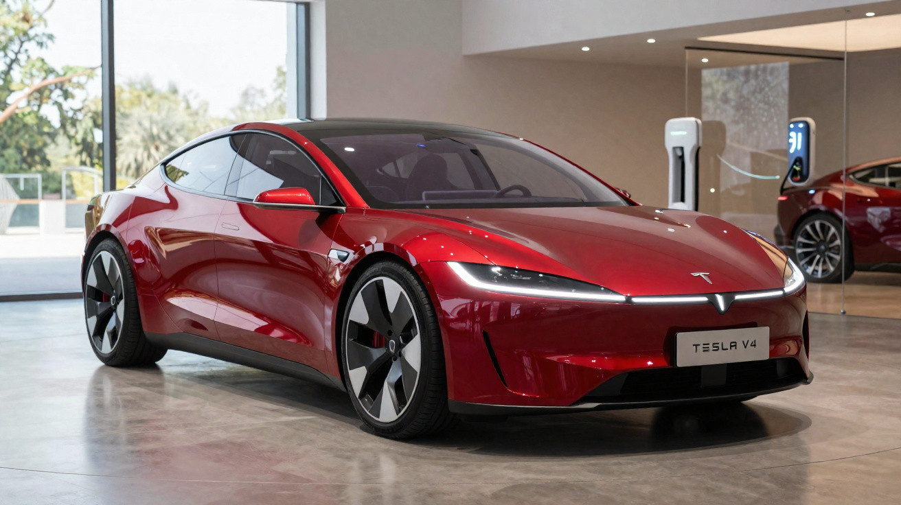 Carro elétrico vermelho Tesla V4 estacionado em ambiente interno com parede espelhada ao fundo.