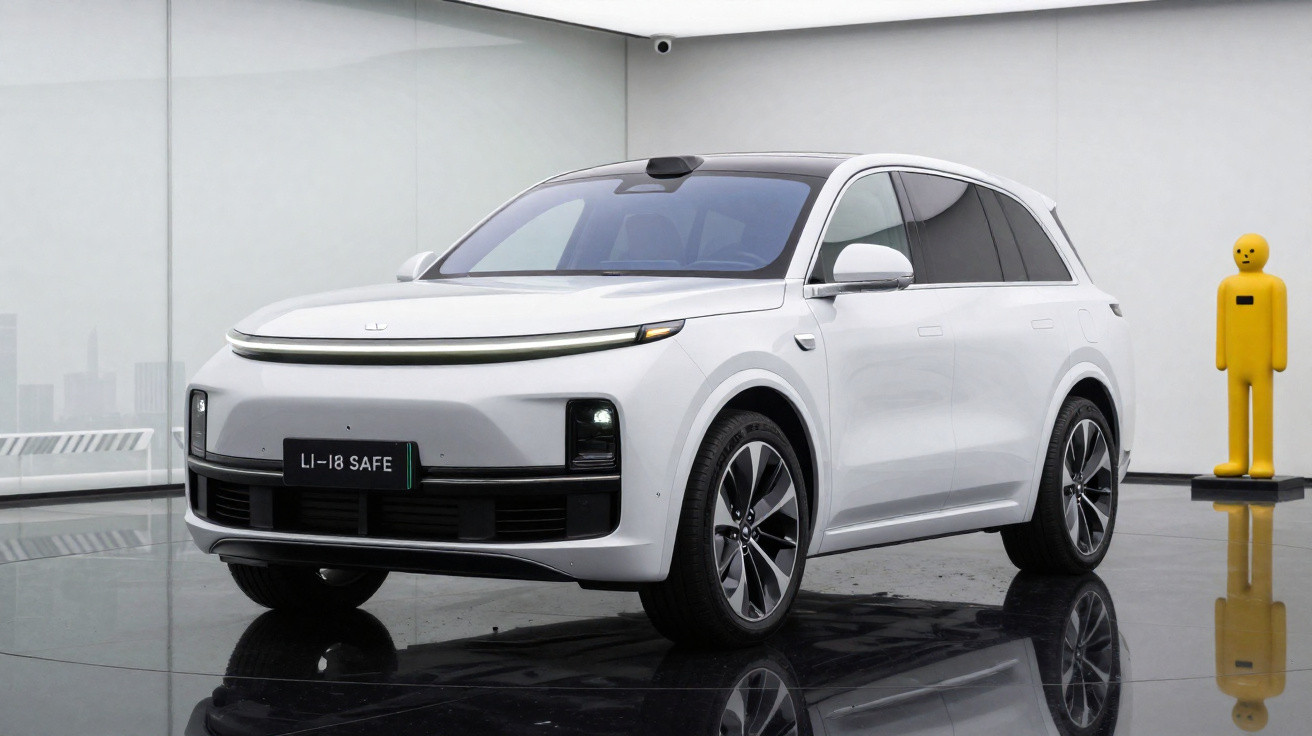 Carro SUV elétrico branco LI-18 SAFE exibido em ambiente interno moderno e minimalista.