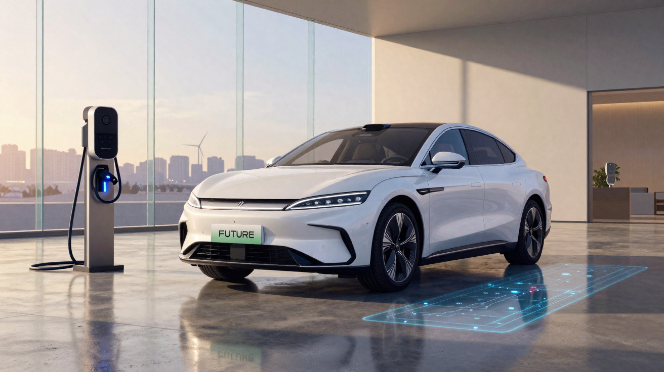 Carro elétrico branco estacionado dentro de prédio moderno próximo a um carregador veicular.