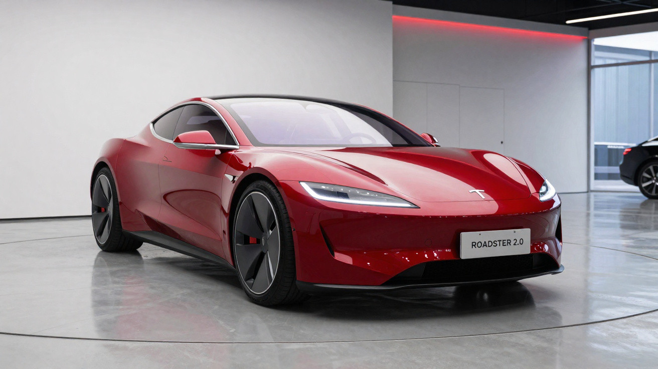 Carro esportivo elétrico vermelho Tesla Roadster 2.0 estacionado em ambiente interno moderno.