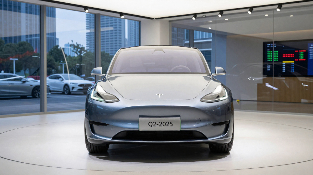 Carro elétrico Tesla prateado exibido em showroom moderno com vidro e prédios ao fundo.