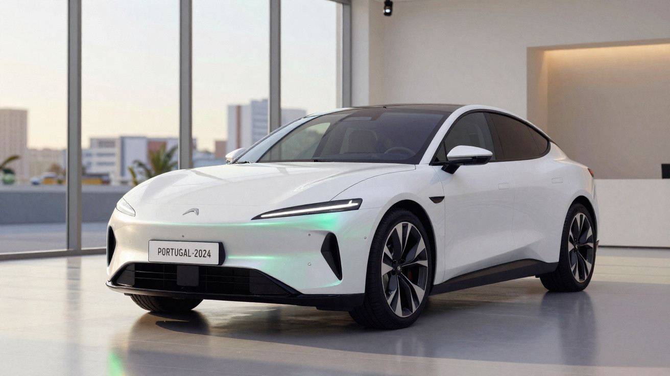 Carro esportivo elétrico branco estacionado em ambiente moderno com portas de vidro ao fundo.