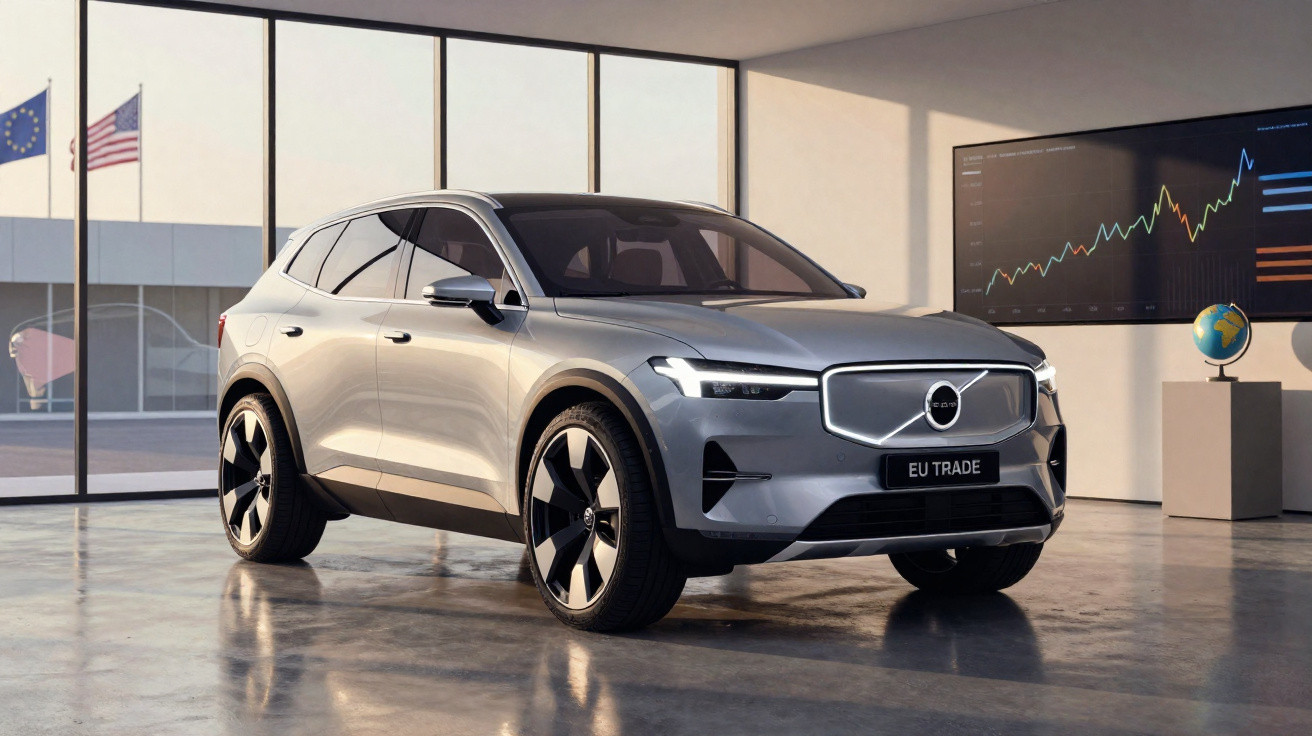 SUV elétrico cinza estacionado em ambiente interno moderno com gráficos e globo ao fundo.