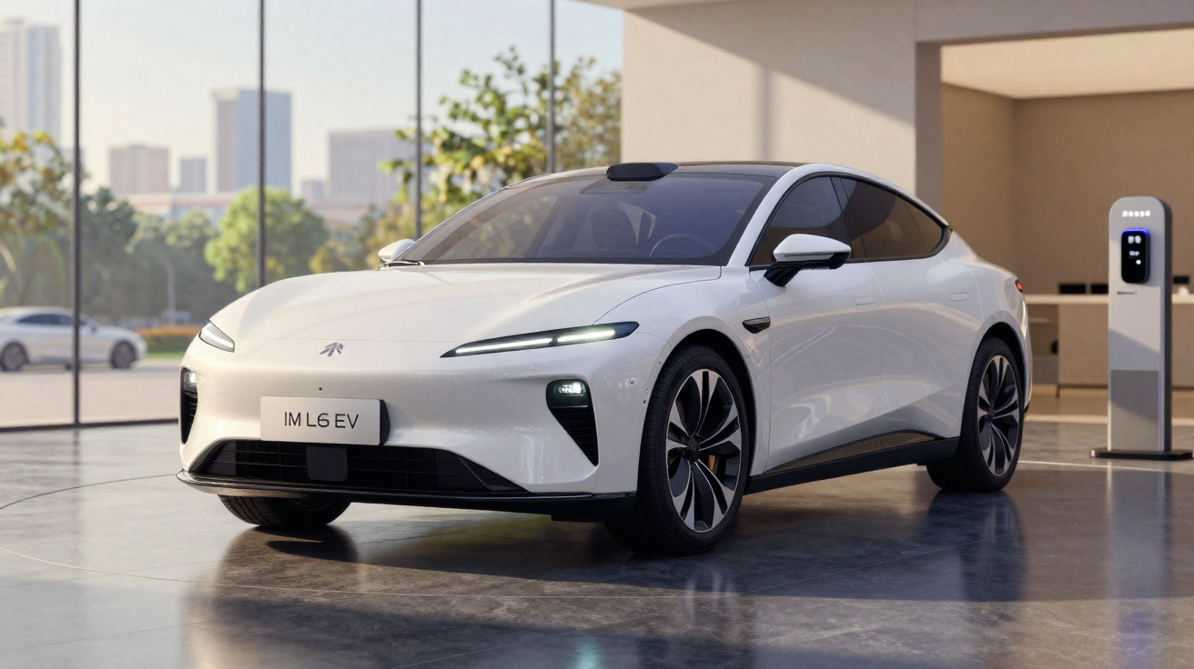 Carro elétrico branco NIO IM L6 EV estacionado em ambiente interno moderno com carregador elétrico.