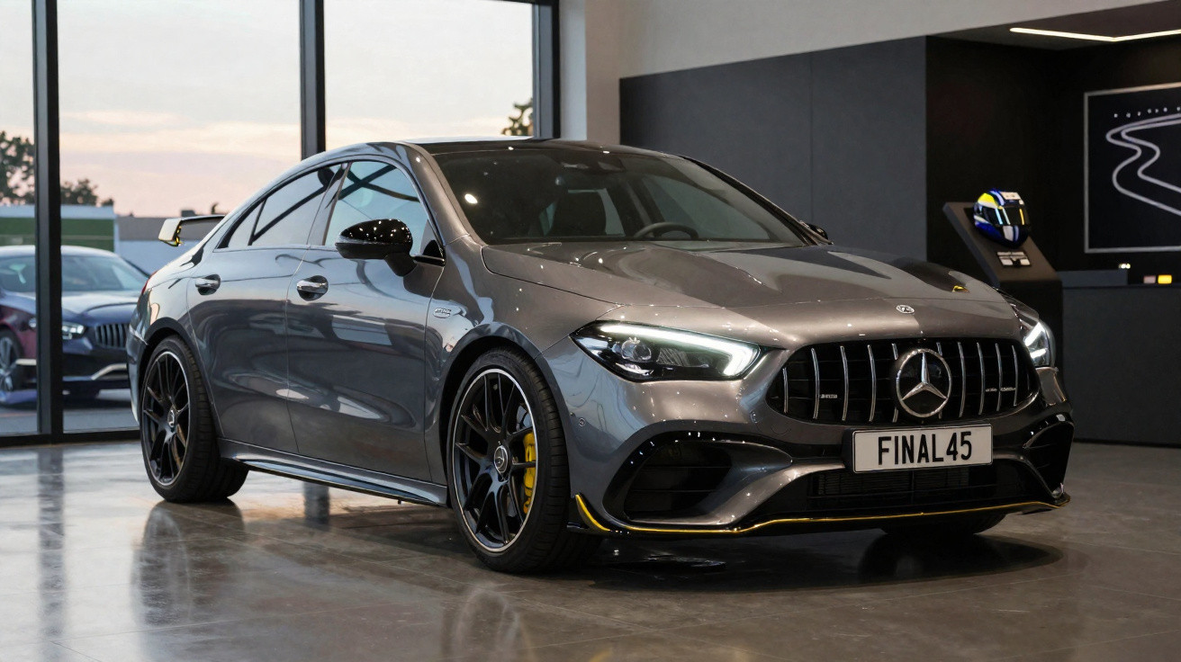 Carro esportivo Mercedes-Benz cinza estacionado em piso de concreto dentro de showroom moderno.