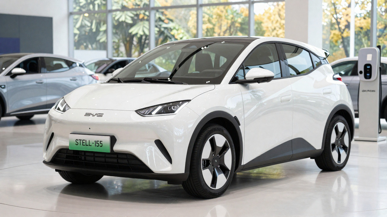 Carro elétrico branco BYD Stell-155 exibido em showroom moderno com estação de recarga ao fundo.