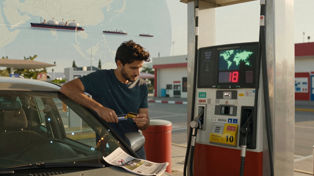 Homem abastecendo carro em posto de gasolina, segurando cartão de crédito e olhando bomba de combustível.