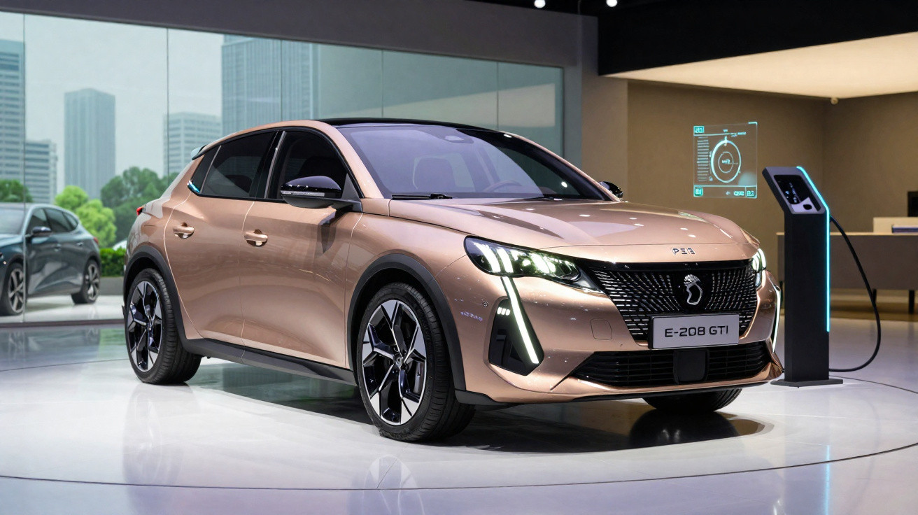 Carro elétrico Peugeot E-208 GTI cor champagne exibido em showroom moderno.