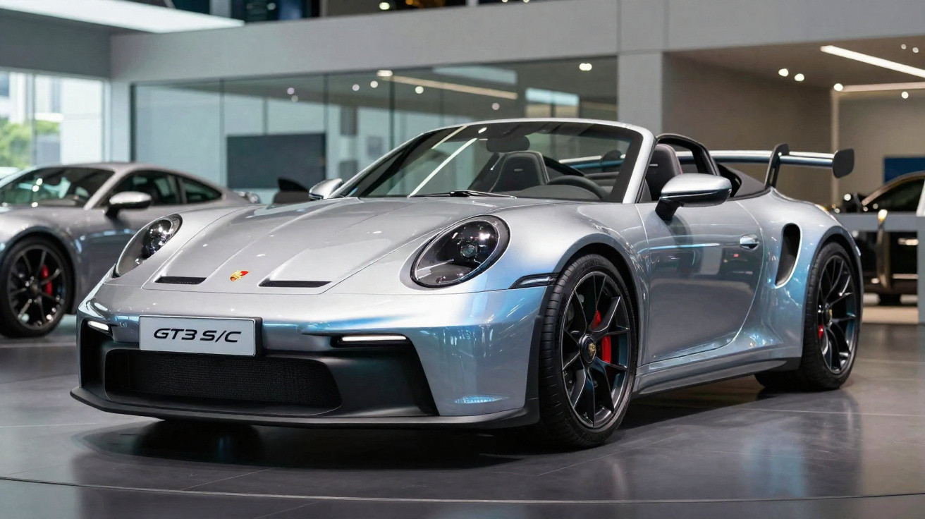 Carro esportivo prata Porsche GT3 S/C conversível em exposição em showroom moderno.