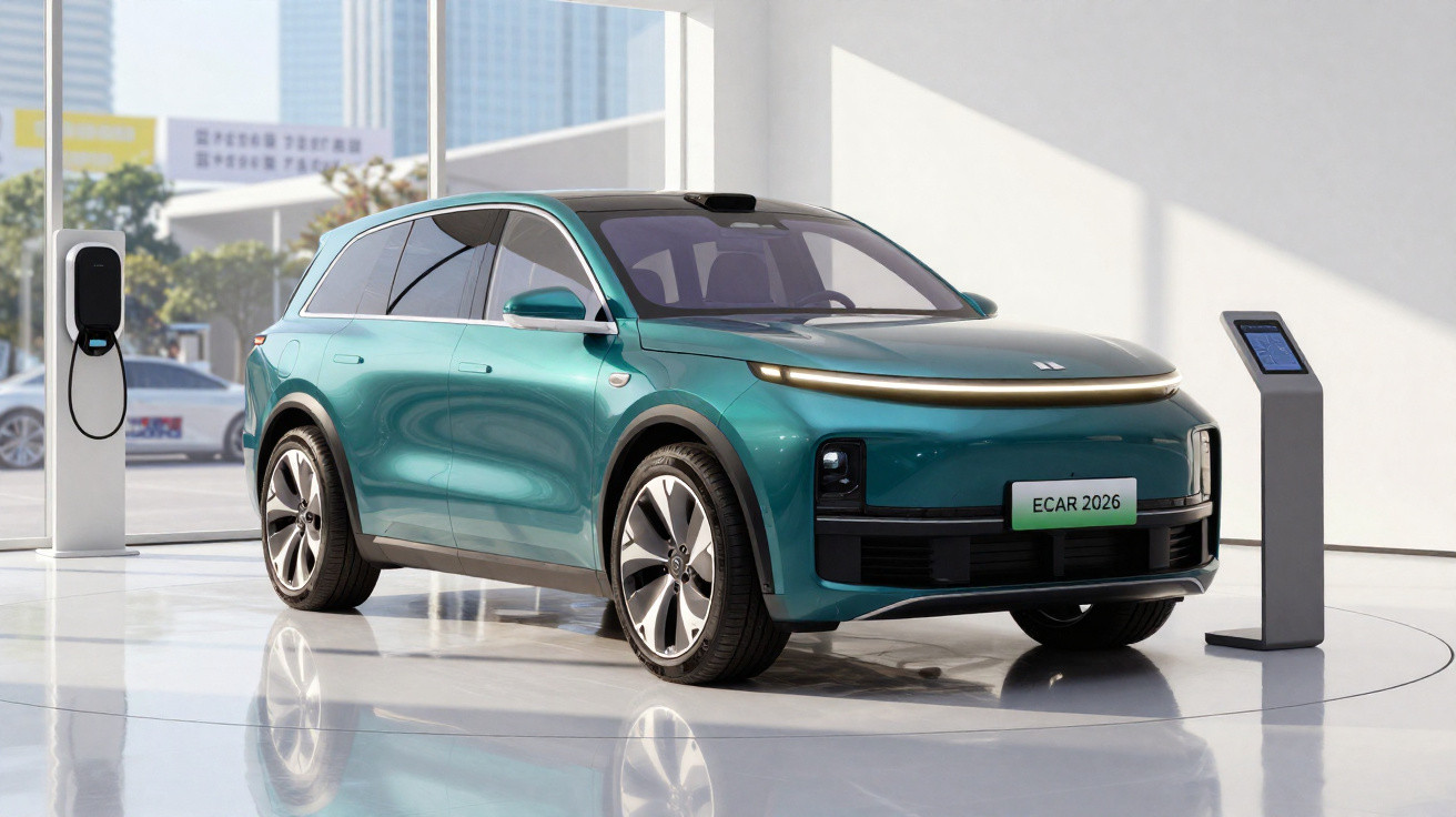 Carro elétrico verde estacionado em ambiente moderno com estação de carregamento ao lado.