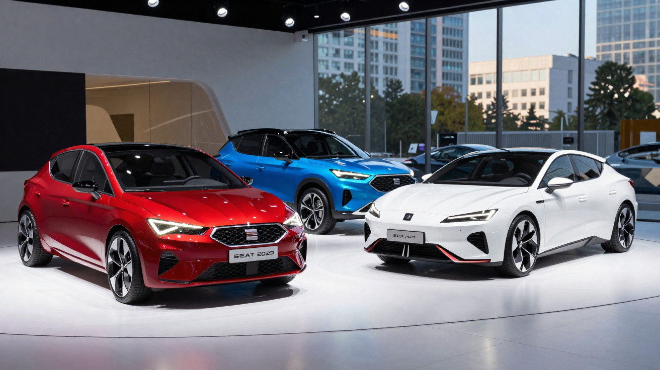 Três carros SEAT em exposição, nas cores vermelha, azul e branca, em ambiente moderno com grandes janelas.