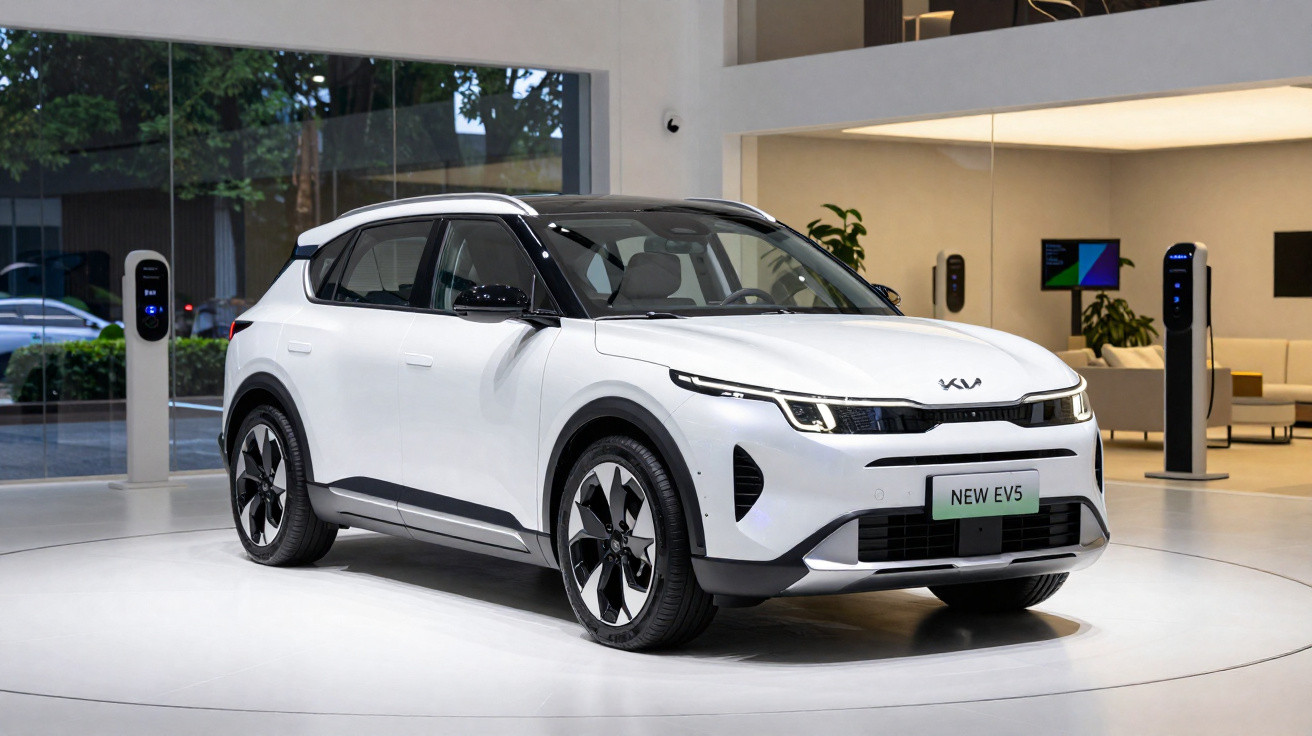 Carro elétrico branco Kia New EV5 exibido em showroom moderno com carregadores ao fundo.