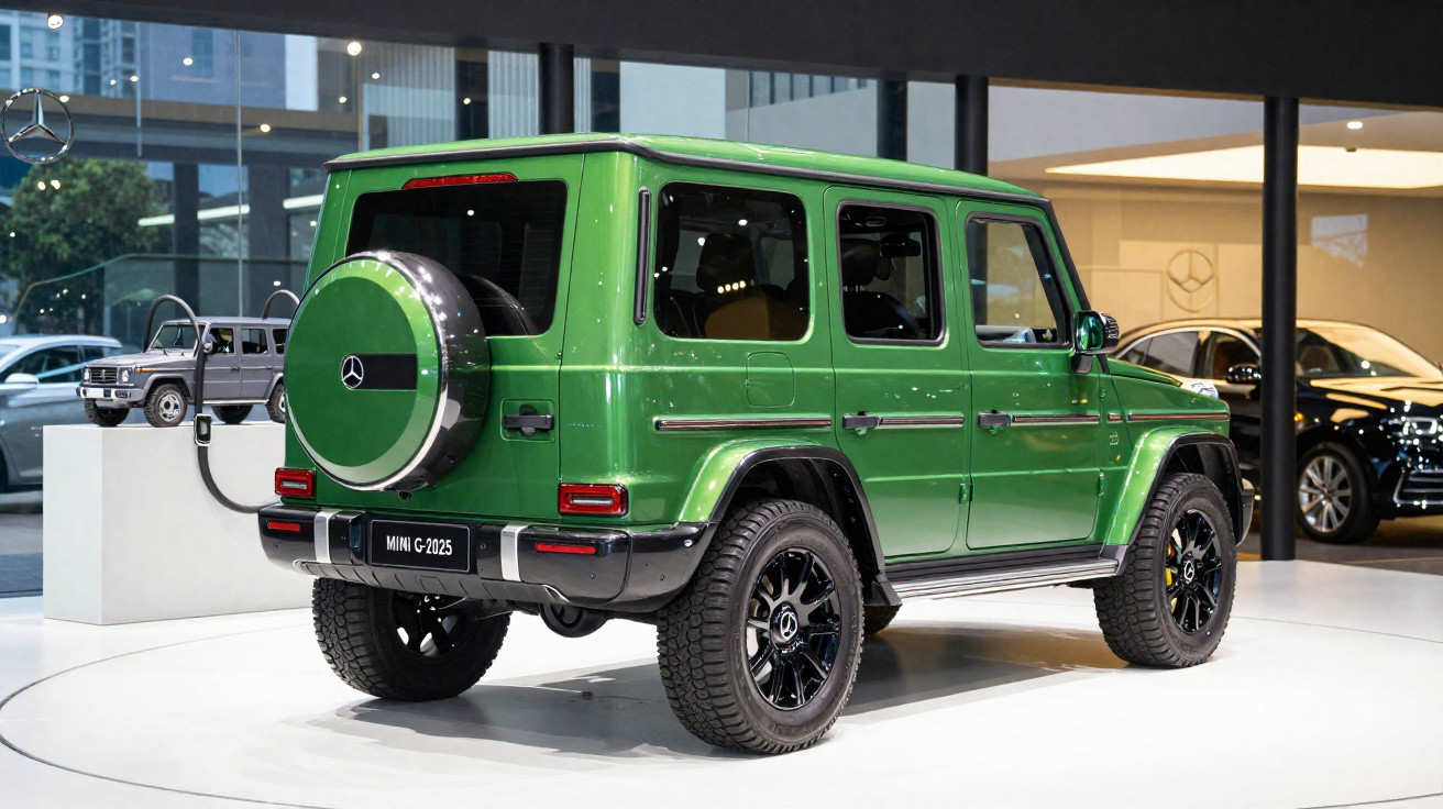 SUV Mercedes-Benz G-Class verde exposto em showroom moderno com outros carros ao fundo.