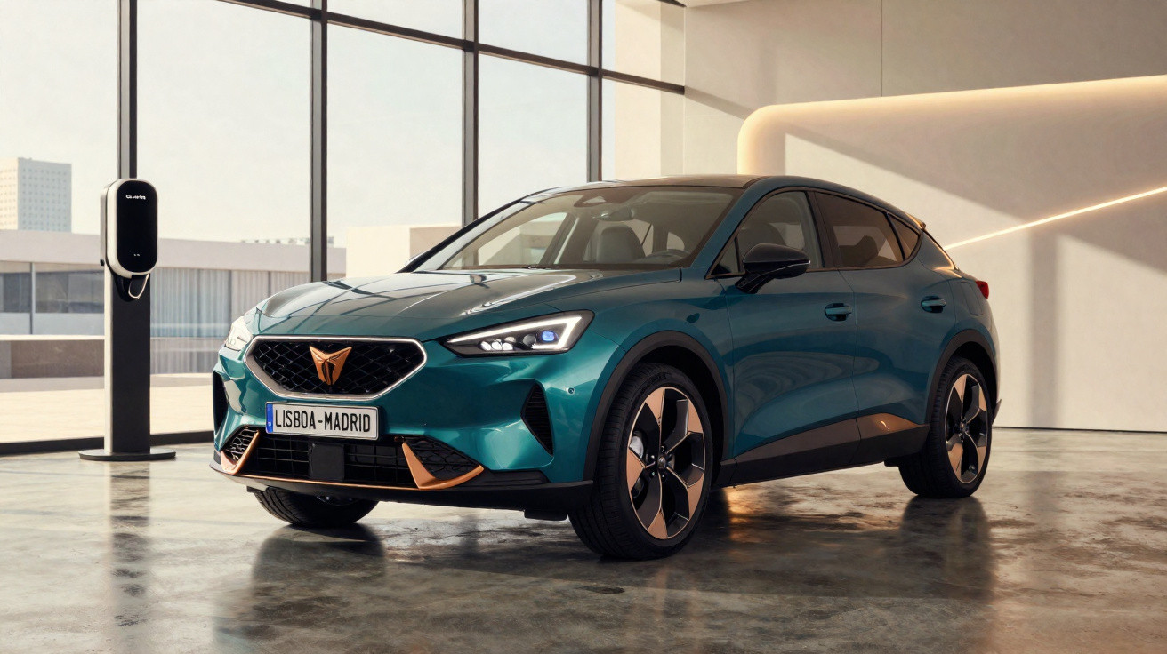 Carro elétrico verde em showroom moderno com estação de recarga ao lado e placa Lisboa-Madrid.