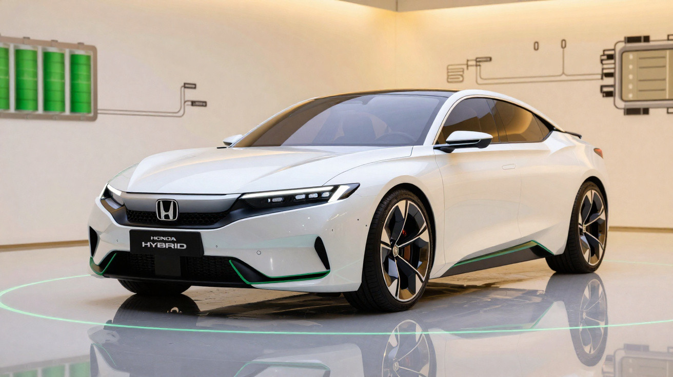 Carro branco Honda híbrido em exposição, com design moderno e rodas esportivas em ambiente iluminado.