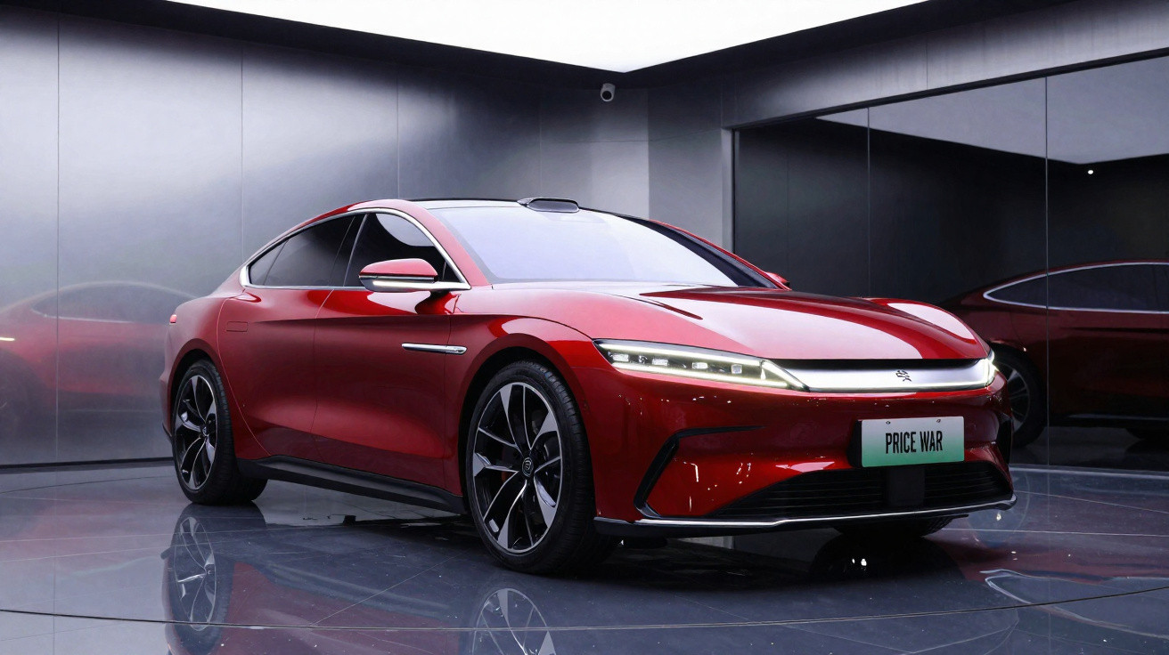 Carro elétrico vermelho em ambiente moderno refletindo no piso de ambiente fechado com paredes espelhadas.