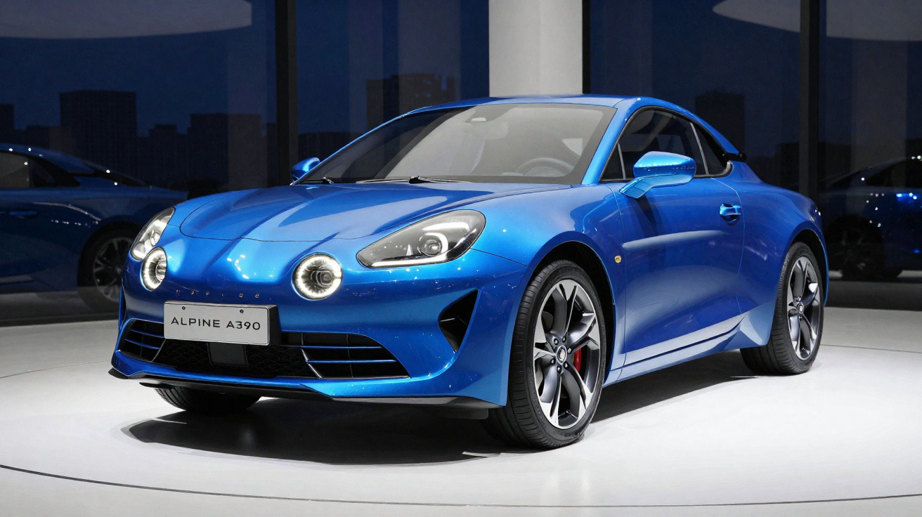 Carro esportivo Alpine A390 azul em exposição sob luzes brancas em ambiente interno moderno.