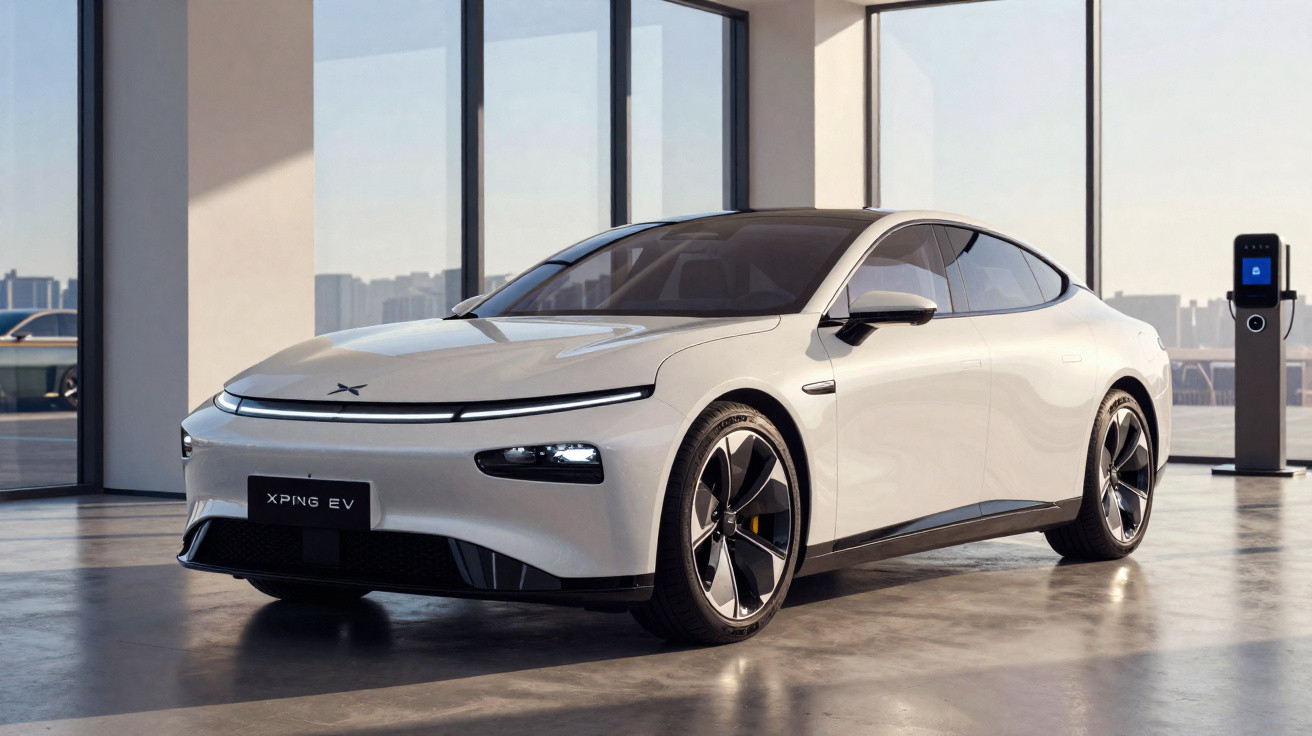 Carro elétrico branco XPeng EV estacionado em ambiente interno com carregador ao fundo.