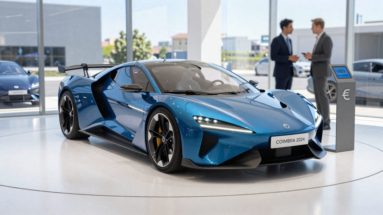 Carro esportivo azul modelo Coimbra 2024 exposto em showroom moderno com dois homens conversando ao fundo.