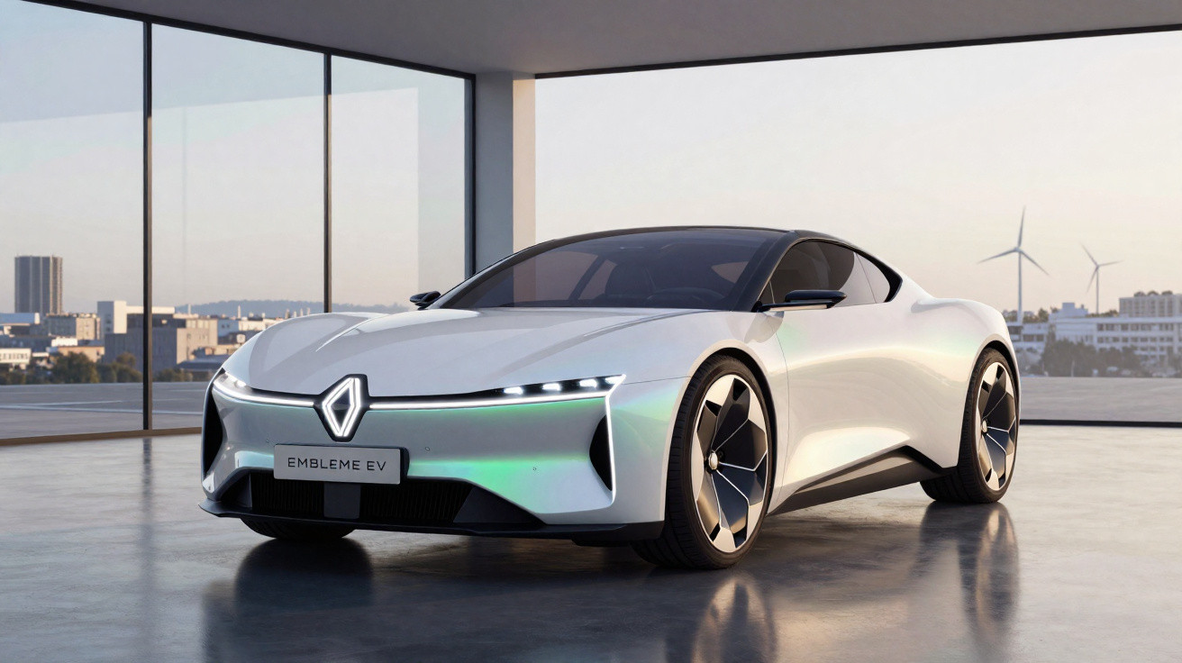 Carro elétrico esportivo branco Renault Embleme EV em ambiente interno com janelas panorâmicas e vista urbana.