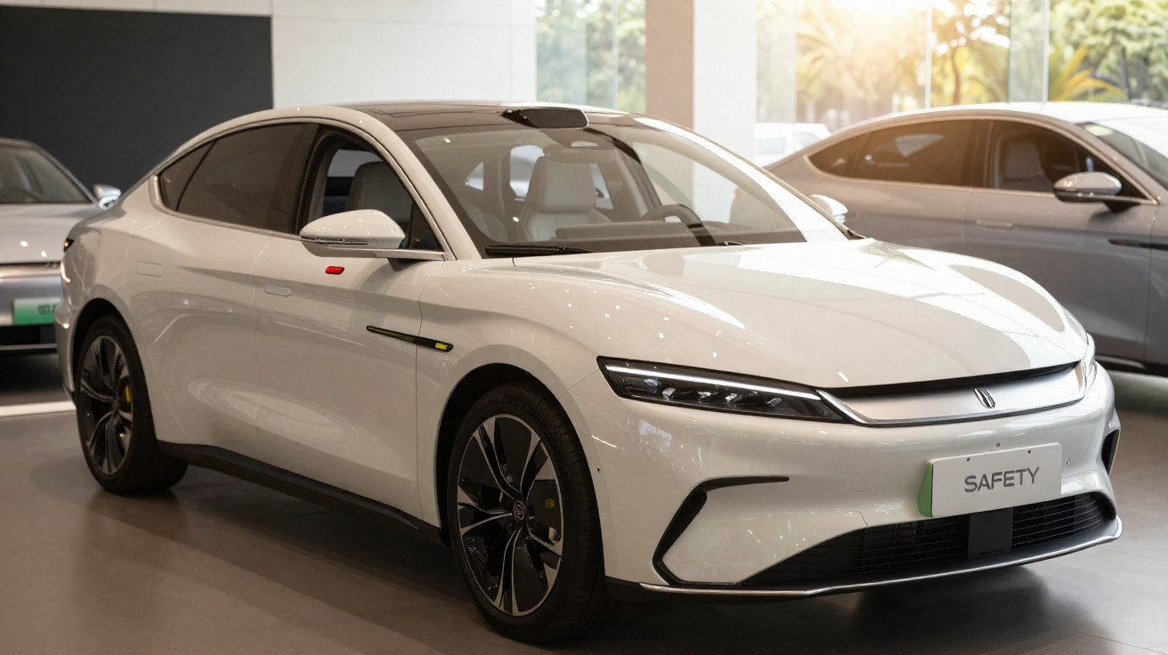Carro elétrico branco com design moderno em exposição interna, com iluminação suave e ambiente clean.