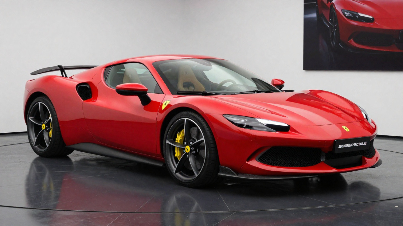 Carro esportivo Ferrari 2999 Speciale vermelho em exposição com detalhes em preto e amarelo nas rodas.