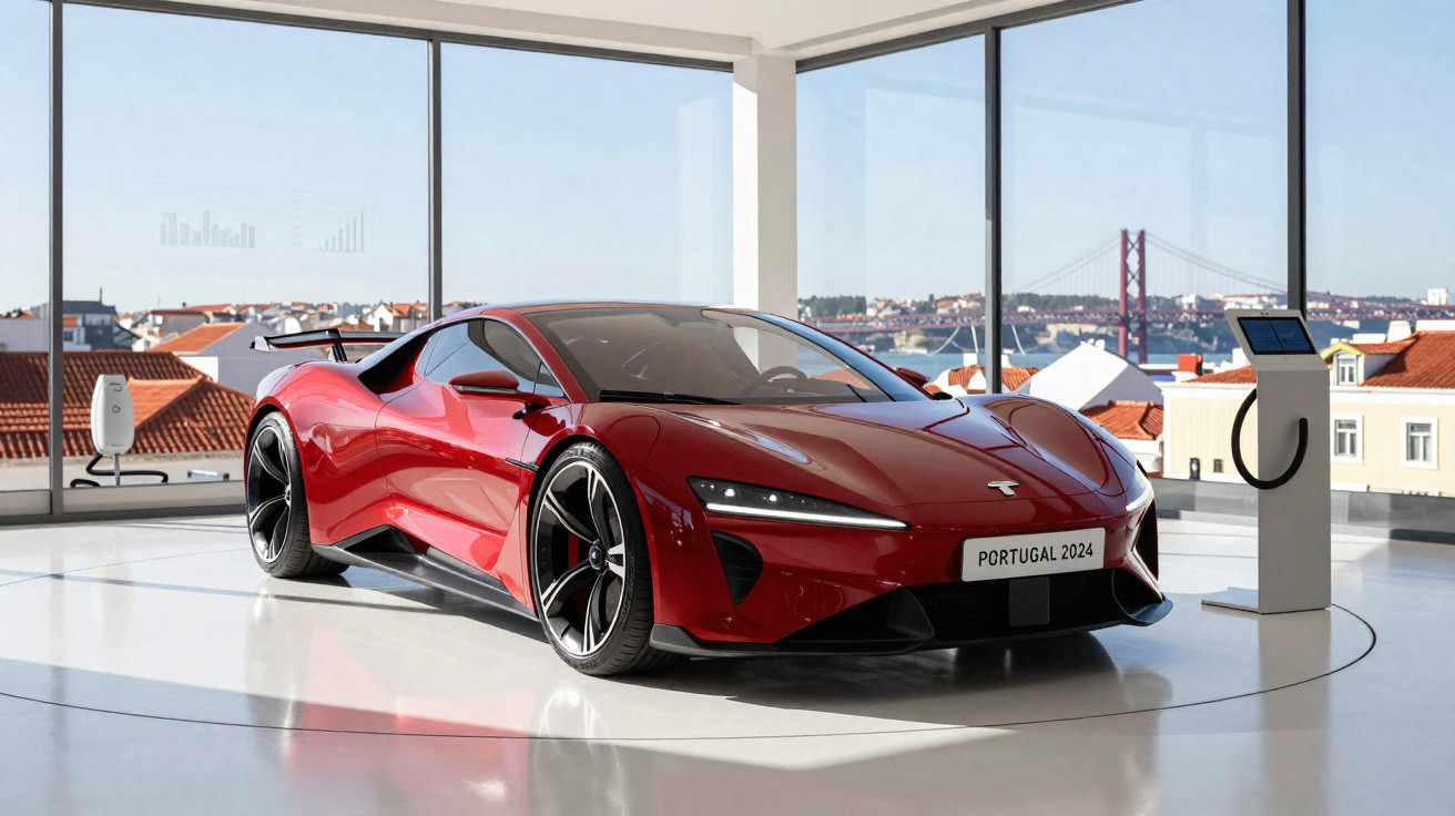 Carro esportivo elétrico vermelho Tesla em showroom moderno com janelas grandes e vista para ponte e cidade.
