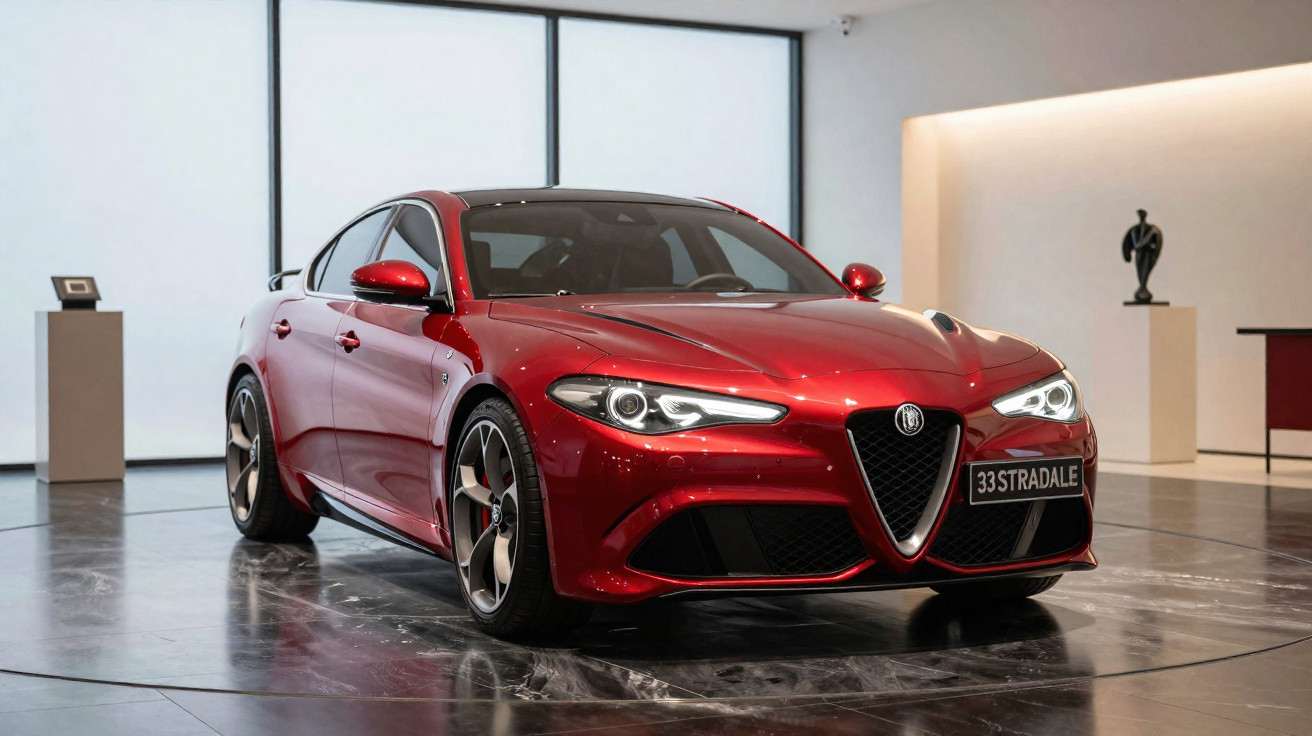 Carro esportivo Alfa Romeo vermelho brilhante em exposição interna com acabamento sofisticado.