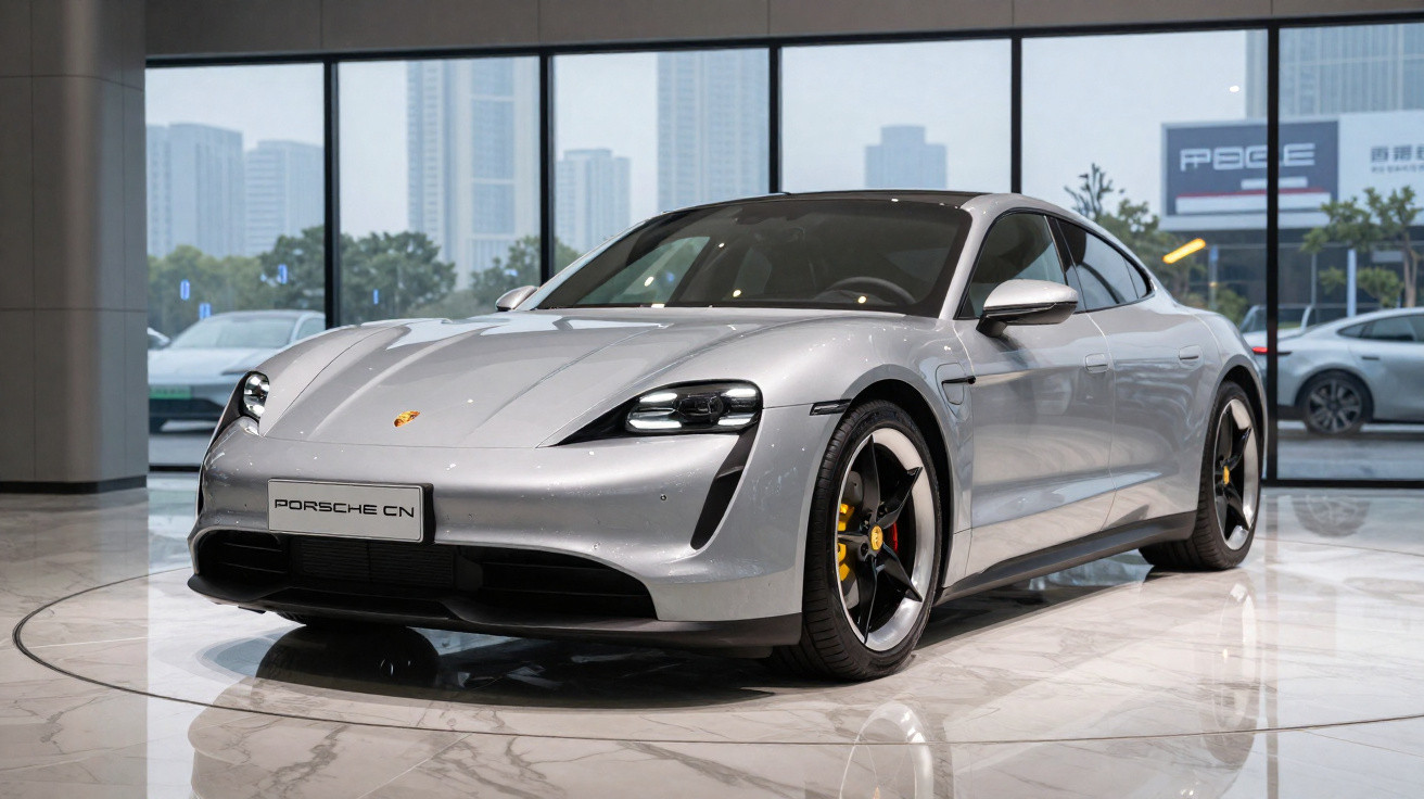Carro esportivo prata Porsche Taycan exposto em showroom com grandes janelas e vista urbana ao fundo.