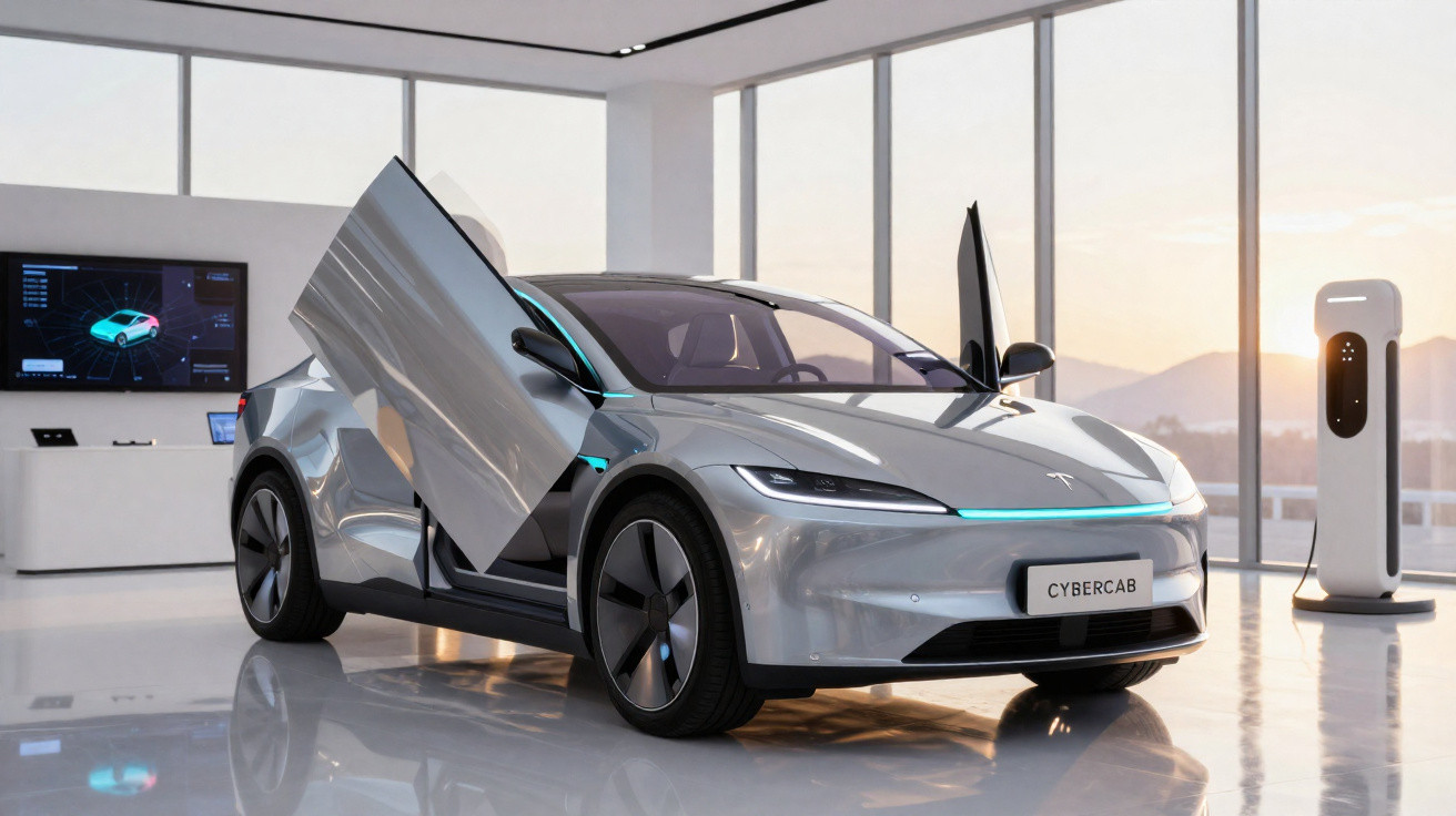 Carro elétrico Tesla Cybercab prata com portas de abrir para cima em sala iluminada e estação de recarga.