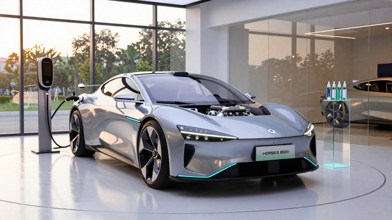 Carro esportivo elétrico cinza conectado à estação de recarga em ambiente moderno e iluminado.