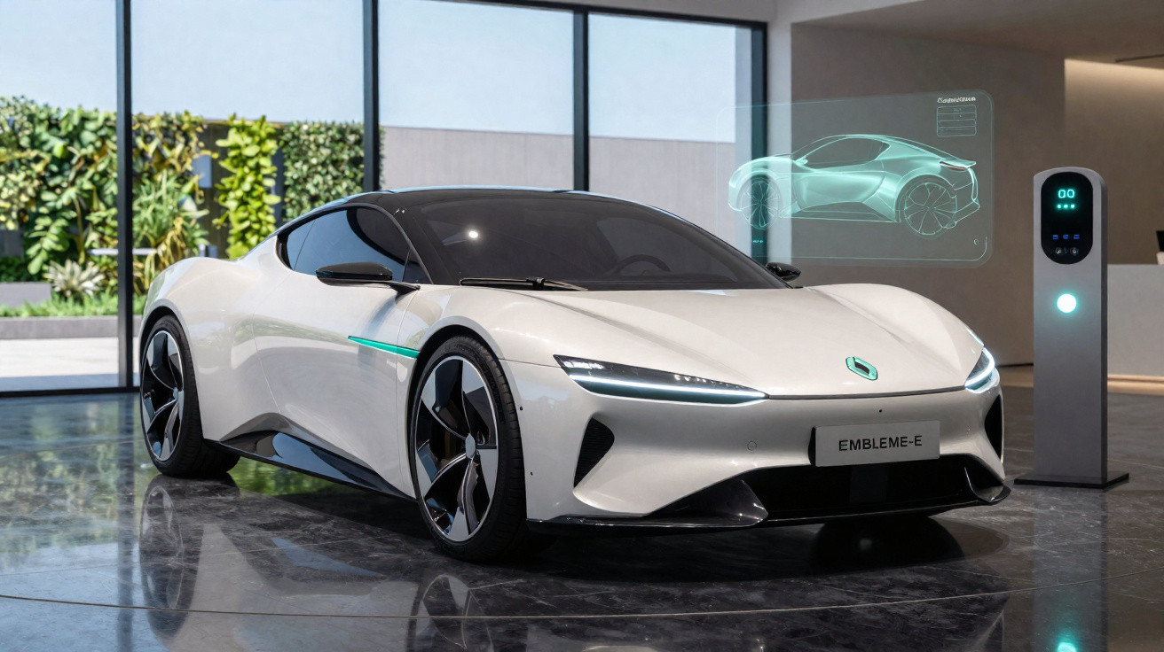 Carro elétrico esportivo branco conectado a estação de recarga em ambiente moderno e iluminado.