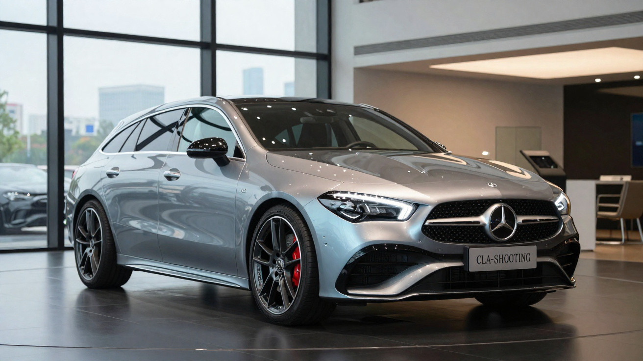 Carro Mercedes-Benz CLA Shooting Brake prata exposto em showroom moderno com vidros grandes.