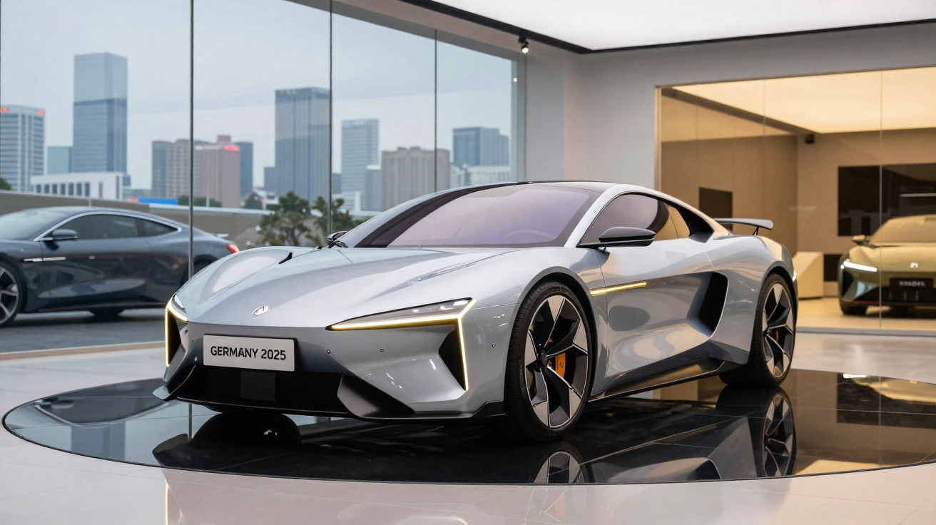 Carro esportivo cinza futurista em exposição dentro de showroom moderno com prédios ao fundo.