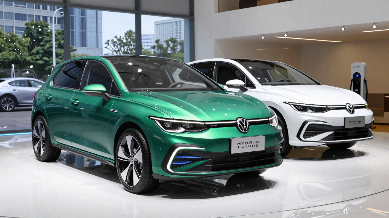 Dois carros Volkswagen híbridos em exposição, um verde e um branco, em ambiente interno moderno.