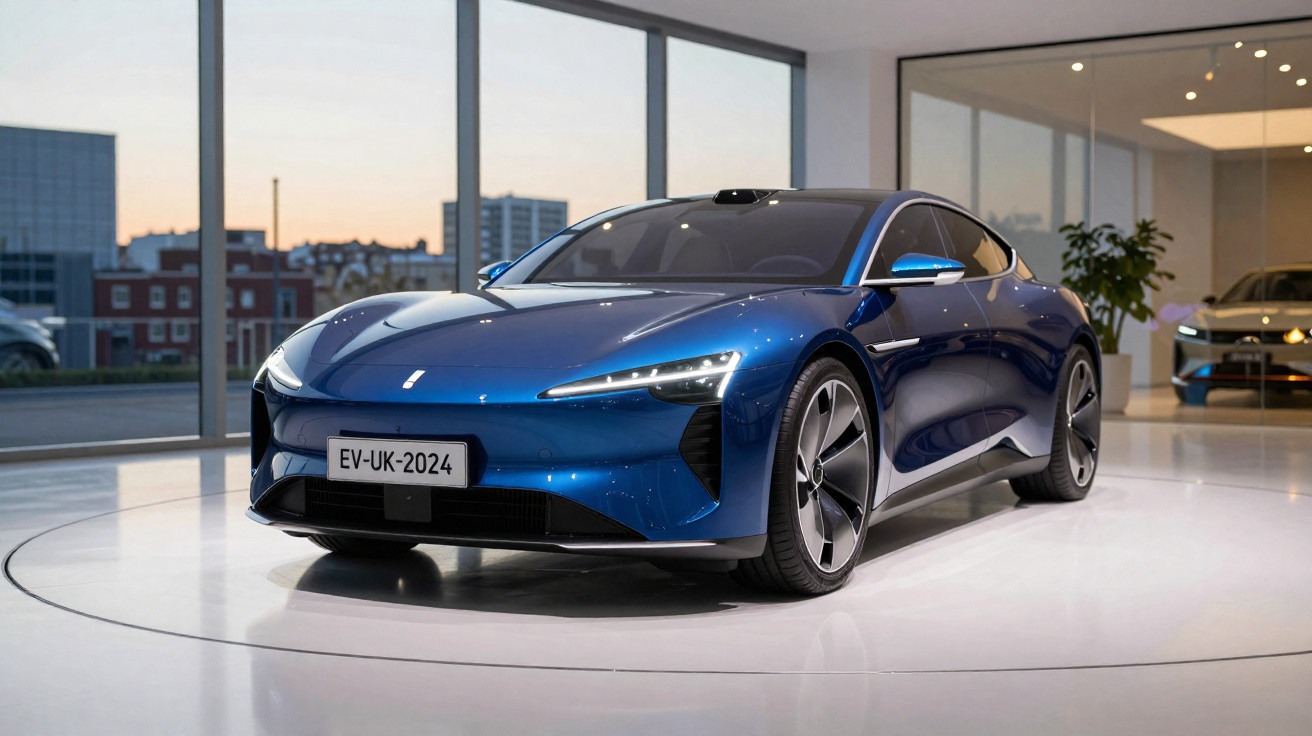 Carro elétrico esportivo azul estacionado em showroom moderno com grandes janelas de vidro.