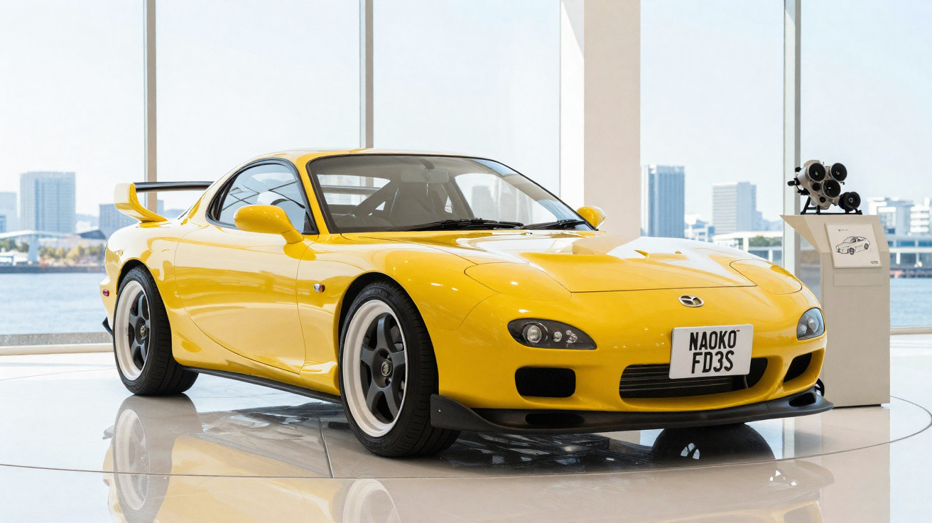 Carro esportivo amarelo Mazda RX-7 FD3S em exposição com vista para a cidade ao fundo.