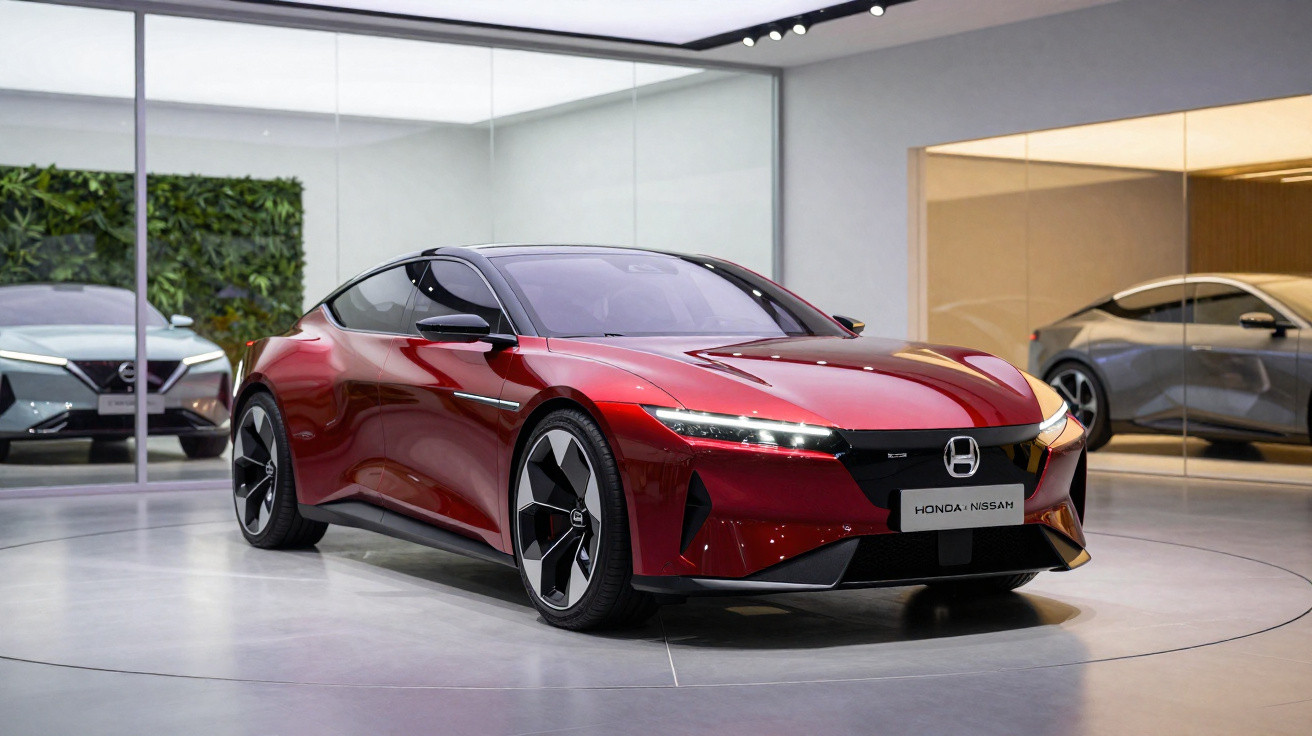 Carro esportivo elétrico vermelho Honda Nissan em exposição dentro de showroom moderno e iluminado.