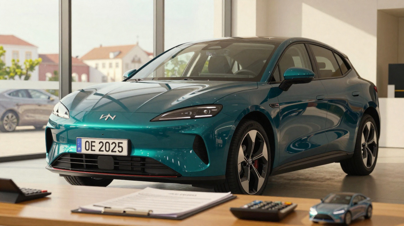 Carro elétrico verde metálico estacionado em um showroom com mesa e calculadora ao fundo.