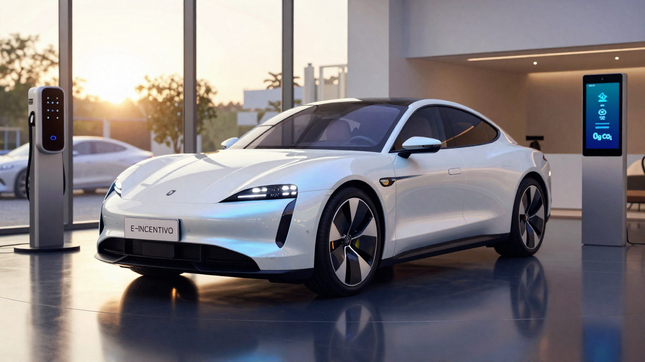 Carro elétrico branco em showroom moderno com painel digital e estação de carregamento ao fundo.