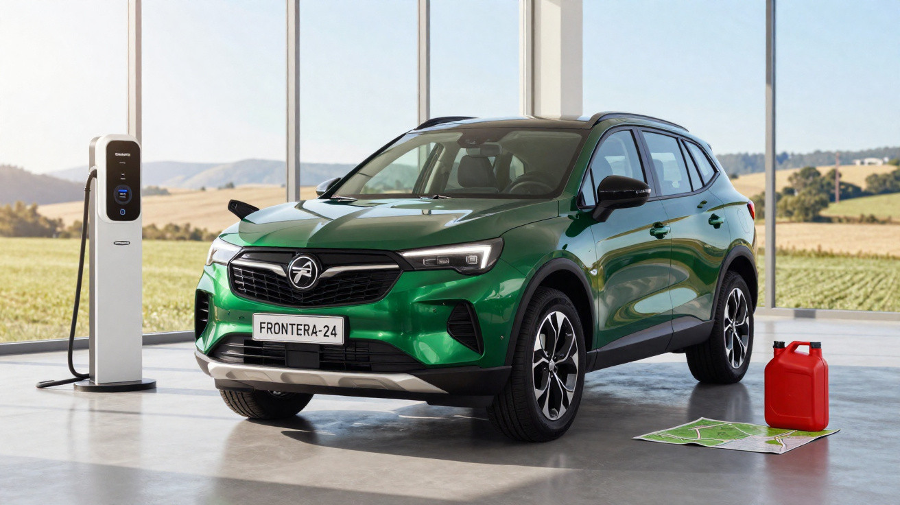 SUV elétrico verde modelo Frontera-24 estacionado ao lado de estação de recarga em ambiente iluminado.