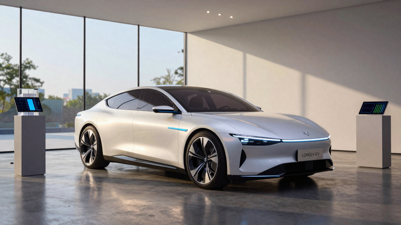 Carro elétrico branco e moderno em ambiente interno com grandes janelas de vidro e luz natural.