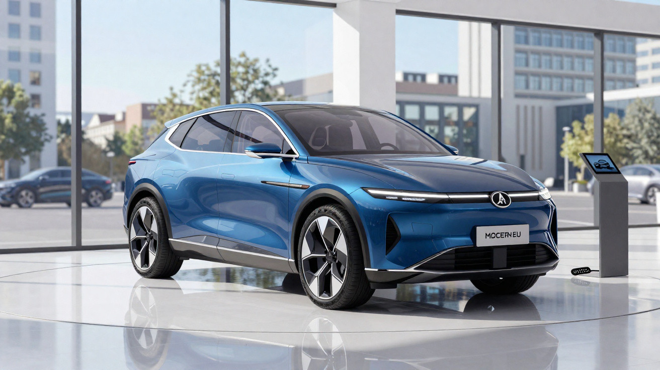 Carro elétrico azul moderno exibido em uma sala de exposição com grandes janelas e chão brilhante.