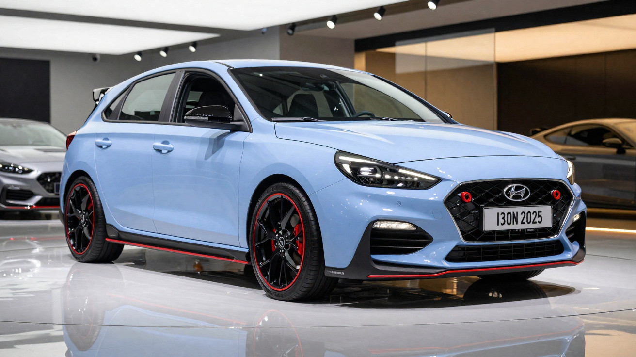 Carro hatchback azul claro Hyundai com detalhes em vermelho exposto em salão de automóveis.