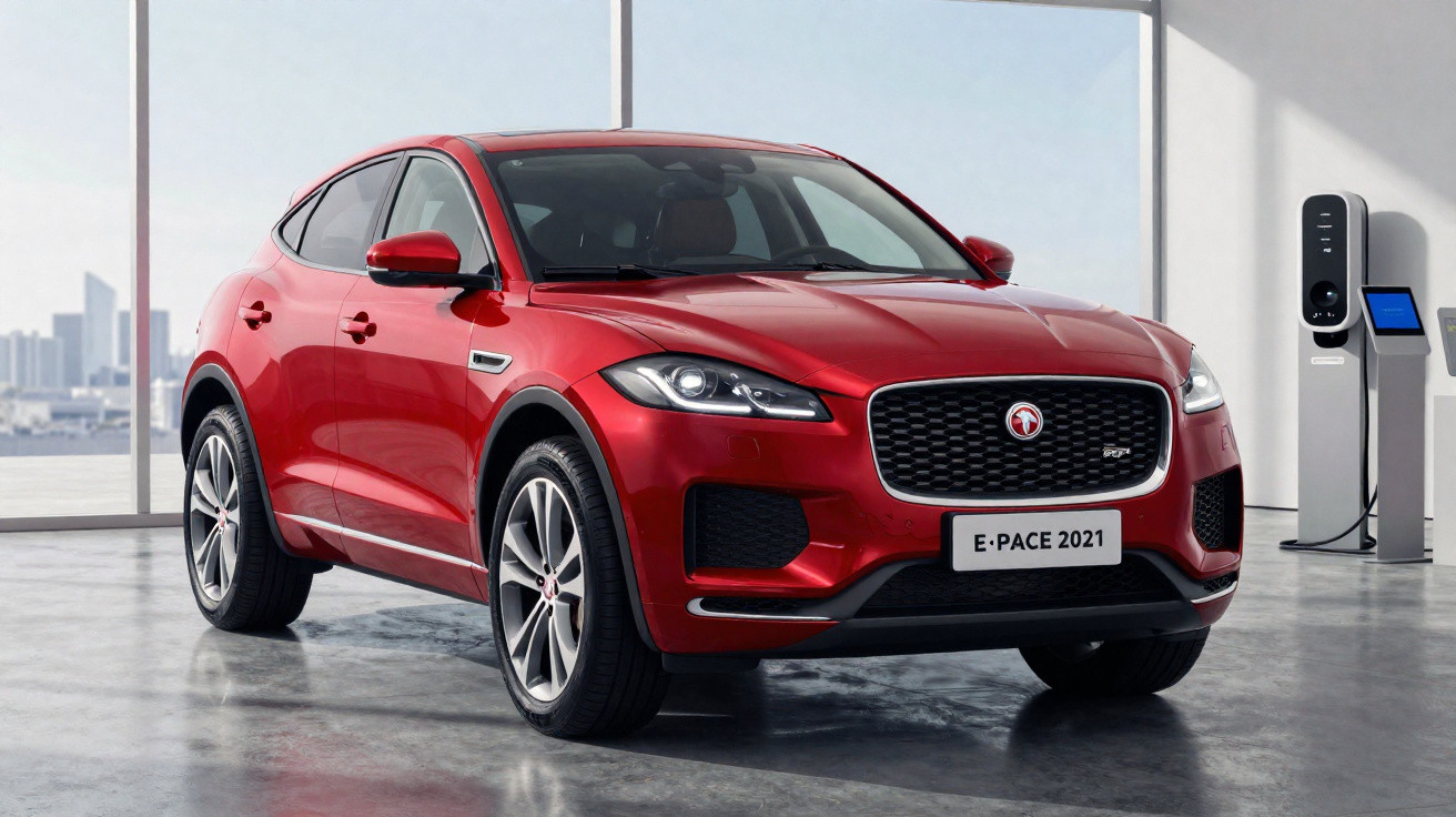 Carro SUV vermelho Jaguar E-Pace 2021 estacionado em garagem moderna ao lado de carregador elétrico.